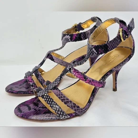 Coach Hayden Leather Violet Pink Blk Python Print Open Toe T-Strap Heels Size 7B - Picture 1 of 16